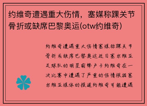 约维奇遭遇重大伤情，塞媒称踝关节骨折或缺席巴黎奥运(otw约维奇)