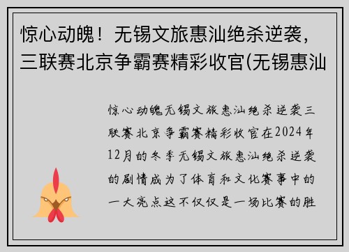 惊心动魄！无锡文旅惠汕绝杀逆袭，三联赛北京争霸赛精彩收官(无锡惠汕篮球队老板是谁)