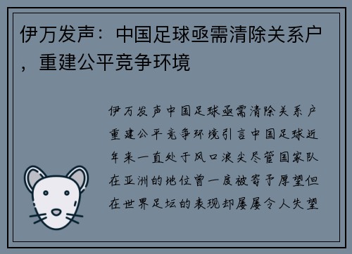 伊万发声：中国足球亟需清除关系户，重建公平竞争环境