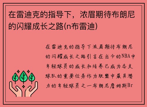 在雷迪克的指导下，浓眉期待布朗尼的闪耀成长之路(n布雷迪)