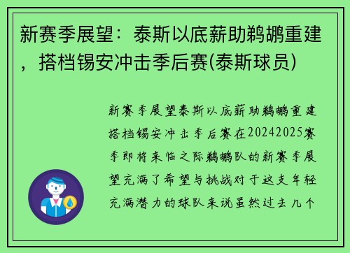 新赛季展望：泰斯以底薪助鹈鹕重建，搭档锡安冲击季后赛(泰斯球员)