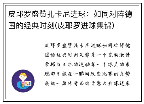 皮耶罗盛赞扎卡尼进球：如同对阵德国的经典时刻(皮耶罗进球集锦)