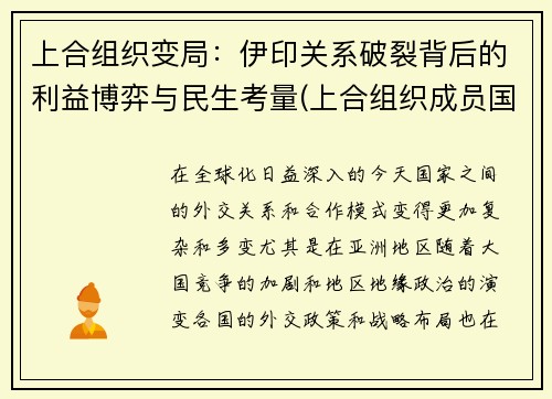 上合组织变局：伊印关系破裂背后的利益博弈与民生考量(上合组织成员国名单伊朗)