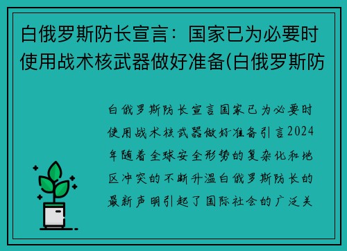 白俄罗斯防长宣言：国家已为必要时使用战术核武器做好准备(白俄罗斯防空导弹)