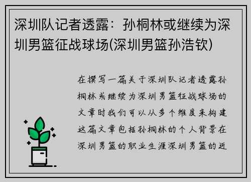 深圳队记者透露：孙桐林或继续为深圳男篮征战球场(深圳男篮孙浩钦)