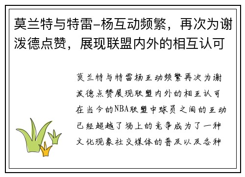 莫兰特与特雷-杨互动频繁，再次为谢泼德点赞，展现联盟内外的相互认可